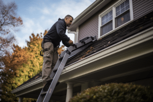 A homeowner working on a ladder on the roof of his house doing fall home preparation.