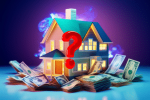 A house with a question mark on top of a pile of money illustrating financing contingencies in home selling.