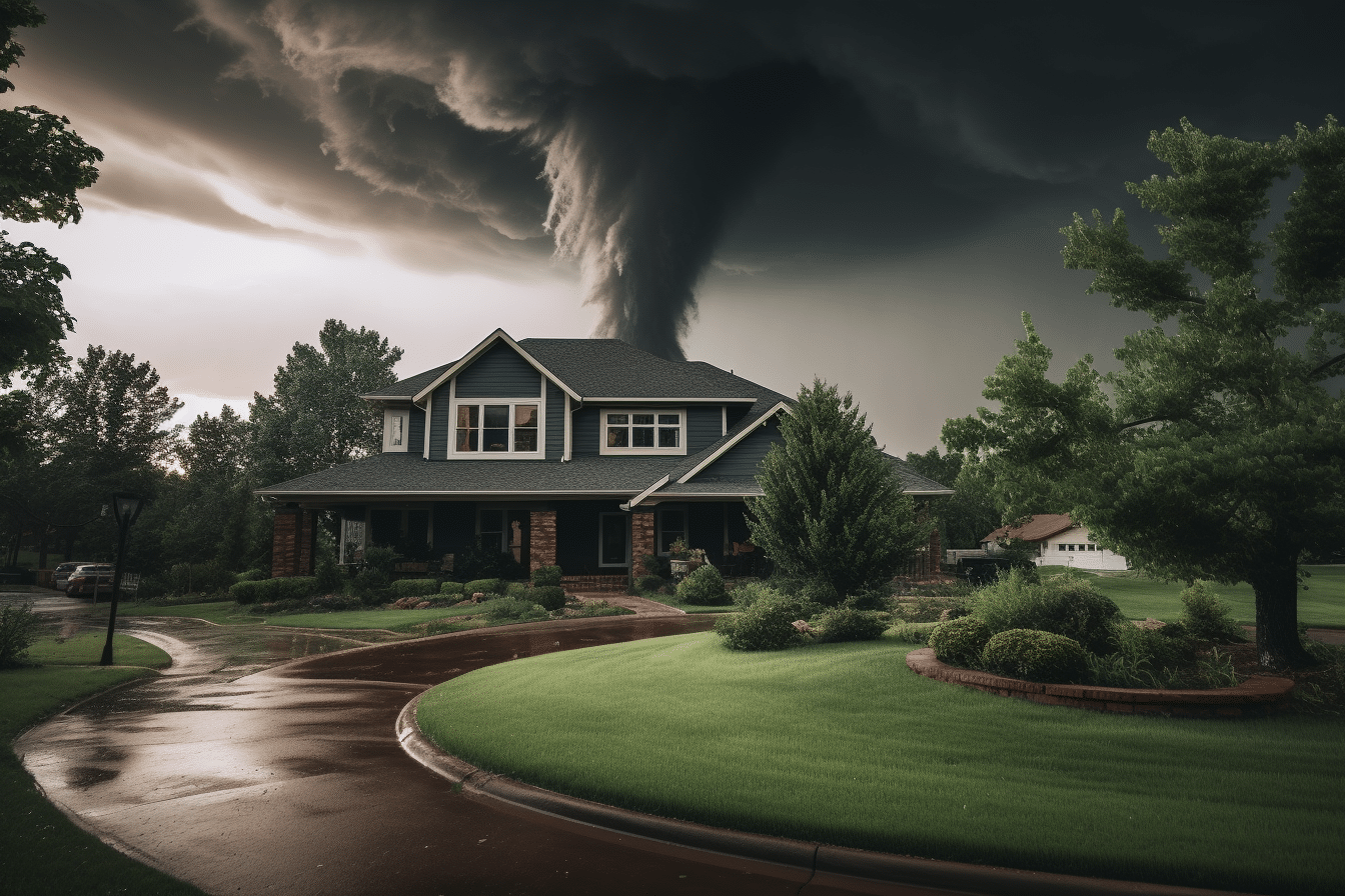 A house with a tornado looming in the background, emphasizing the importance of home insurance coverage.