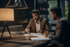 A Realtor and client sitting at a table discussing a contract with home selling contingencies.