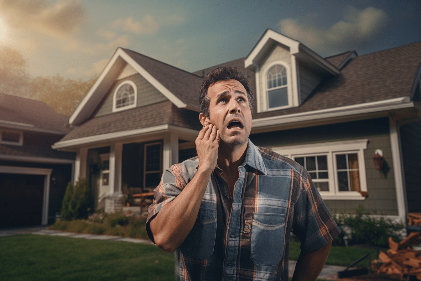 A distressed homeowner standing in front of his house suddenly realizing home warranty benefits.