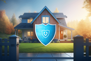 A home with a blue shield in front representing its home warranty coverage.