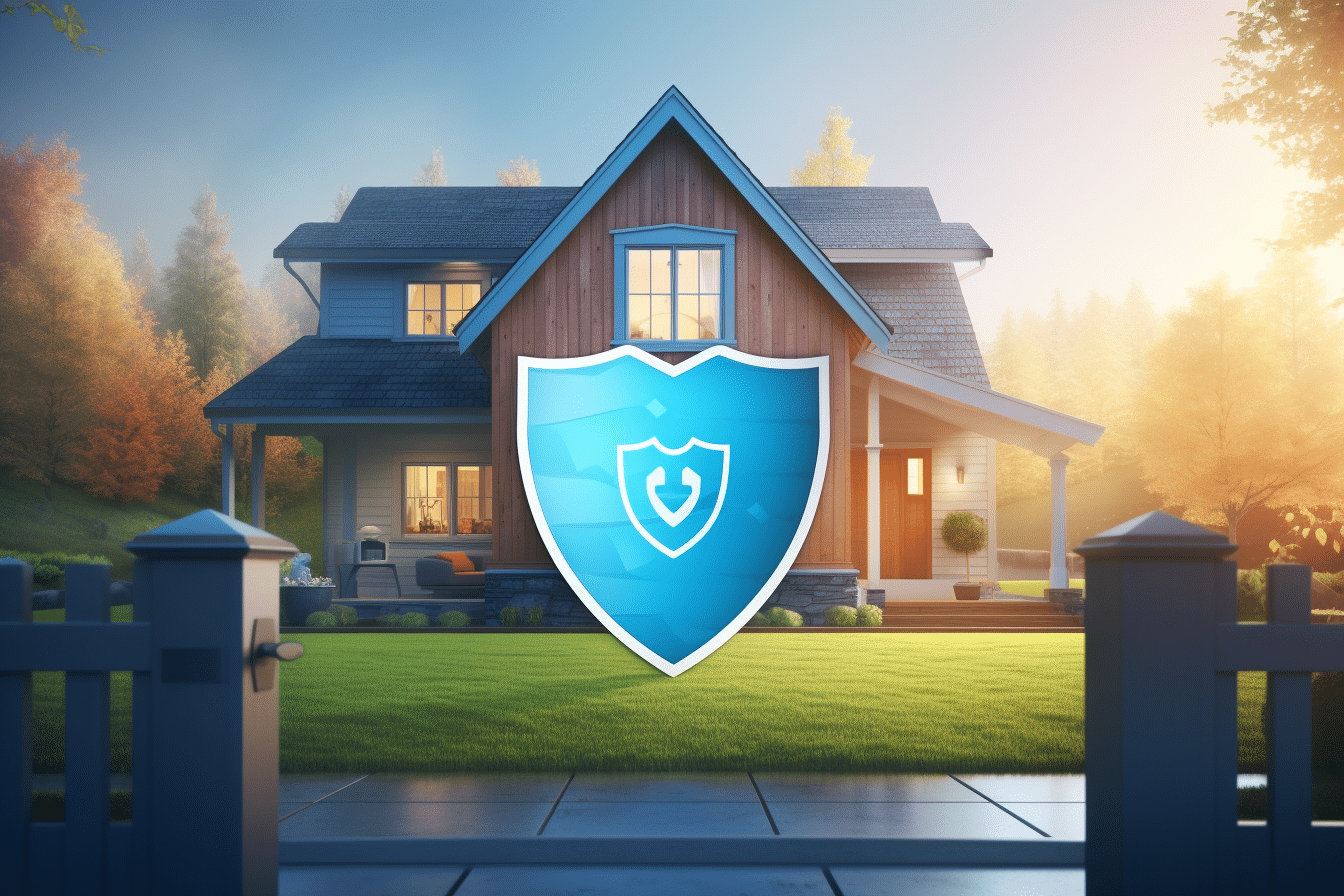 A home with a blue shield in front representing its home warranty coverage.