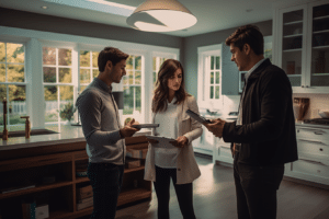 A couple using a house hunting checklist, standing in a kitchen and talking to their Realtor.