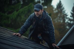 A professional home inspector conducting a house inspection on a roof as part of the house inspection contingency.