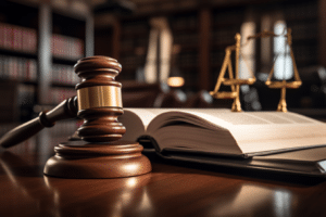 A judge's gavel sits on top of an open book symbolizing the legal requirements to sell a property in Oklahoma.