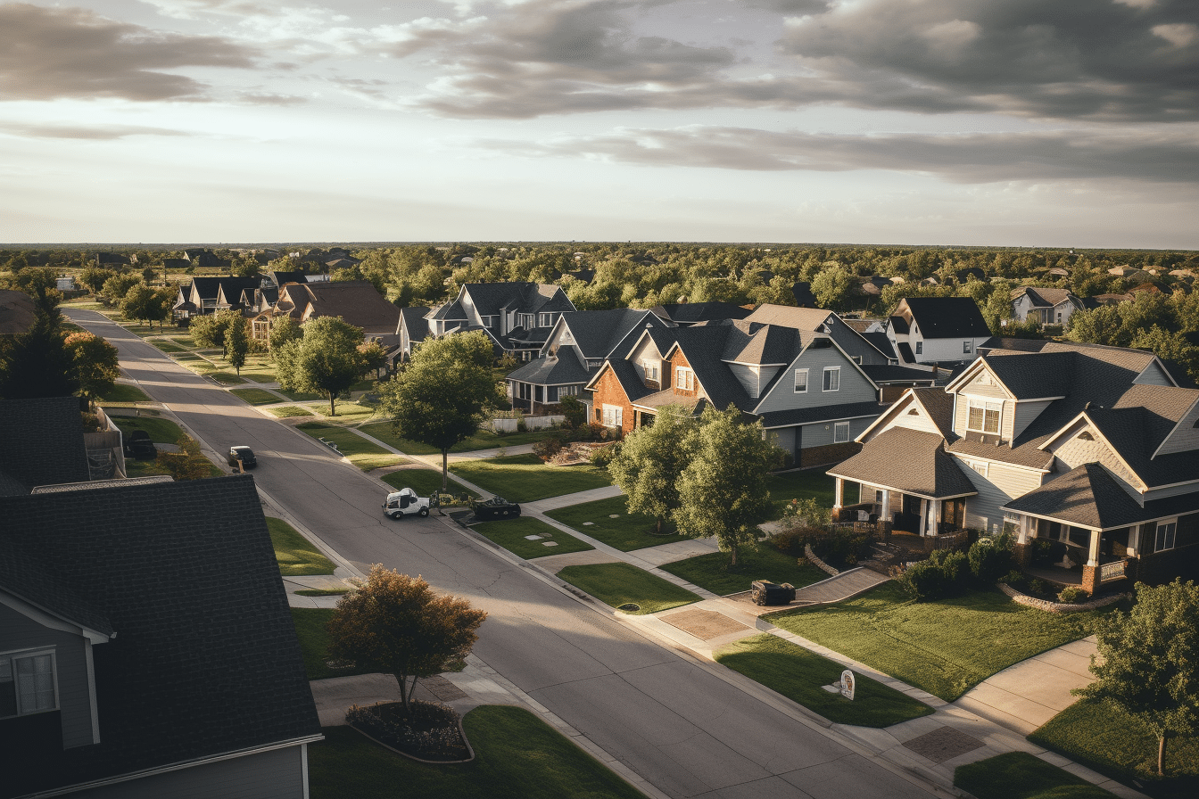 An aerial view of a residential neighborhood meeting legal requirements to sell a property in Oklahoma.