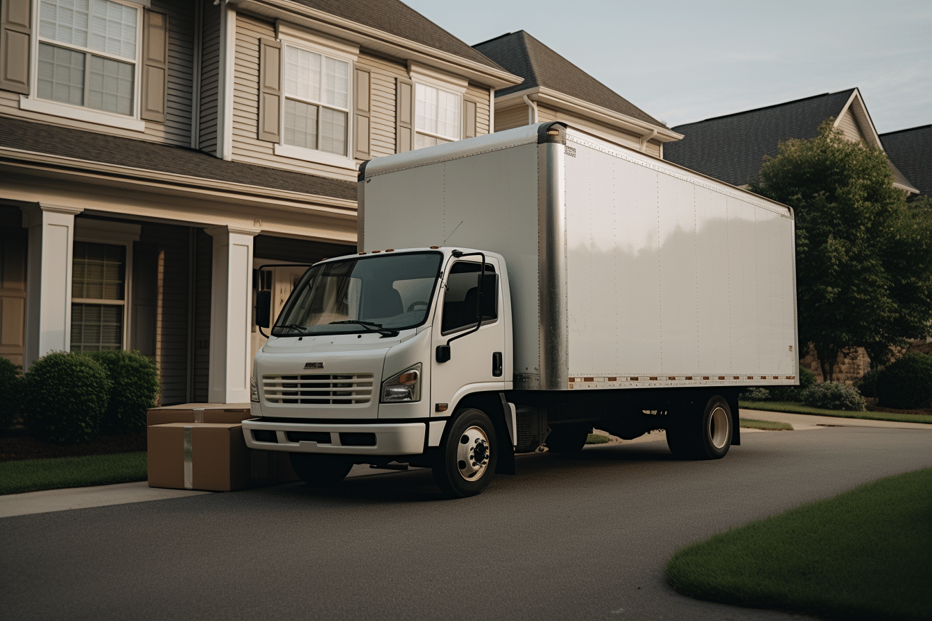 A white moving truck parked in front of a house for moving after closing.