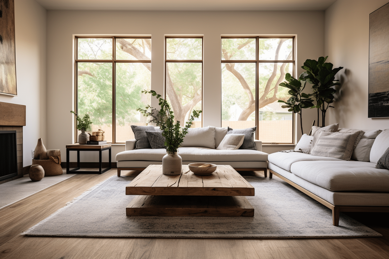 A home staging with wooden floors and large windows, showcasing natural lighting in home staging.