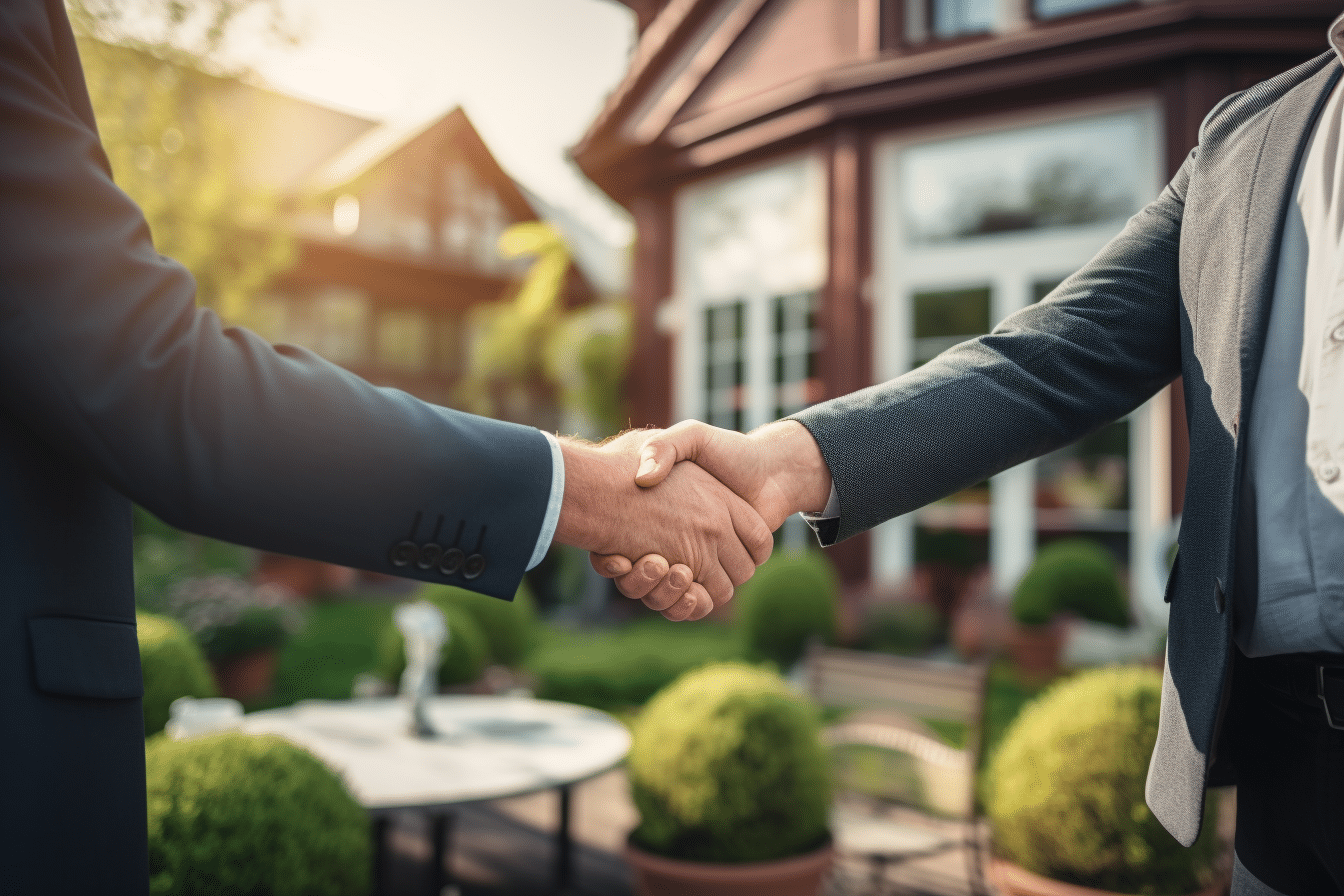 A buyer and seller shaking hands after closing on a house agreeing the seller staying in house after closing.