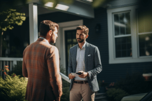 A buyer and agent selling house negotiating offers in front of a house.