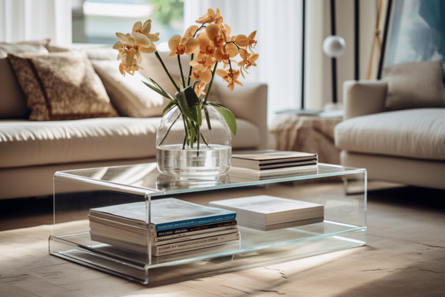 A transparent coffee table for staging in a small living room.