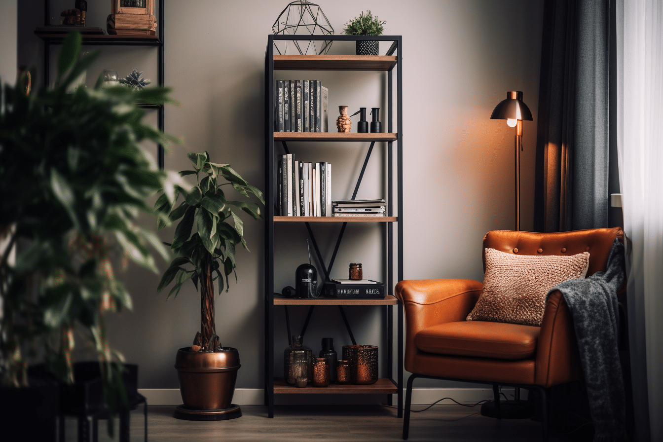 A living room featuring small space furniture for staging arrangement with an orange chair and a tall, narrow bookshelf.