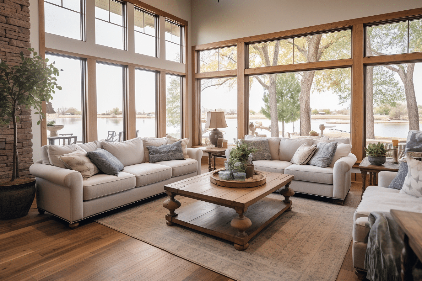 A staged living room with large windows showcasing a lakeside view. Staging for open house.