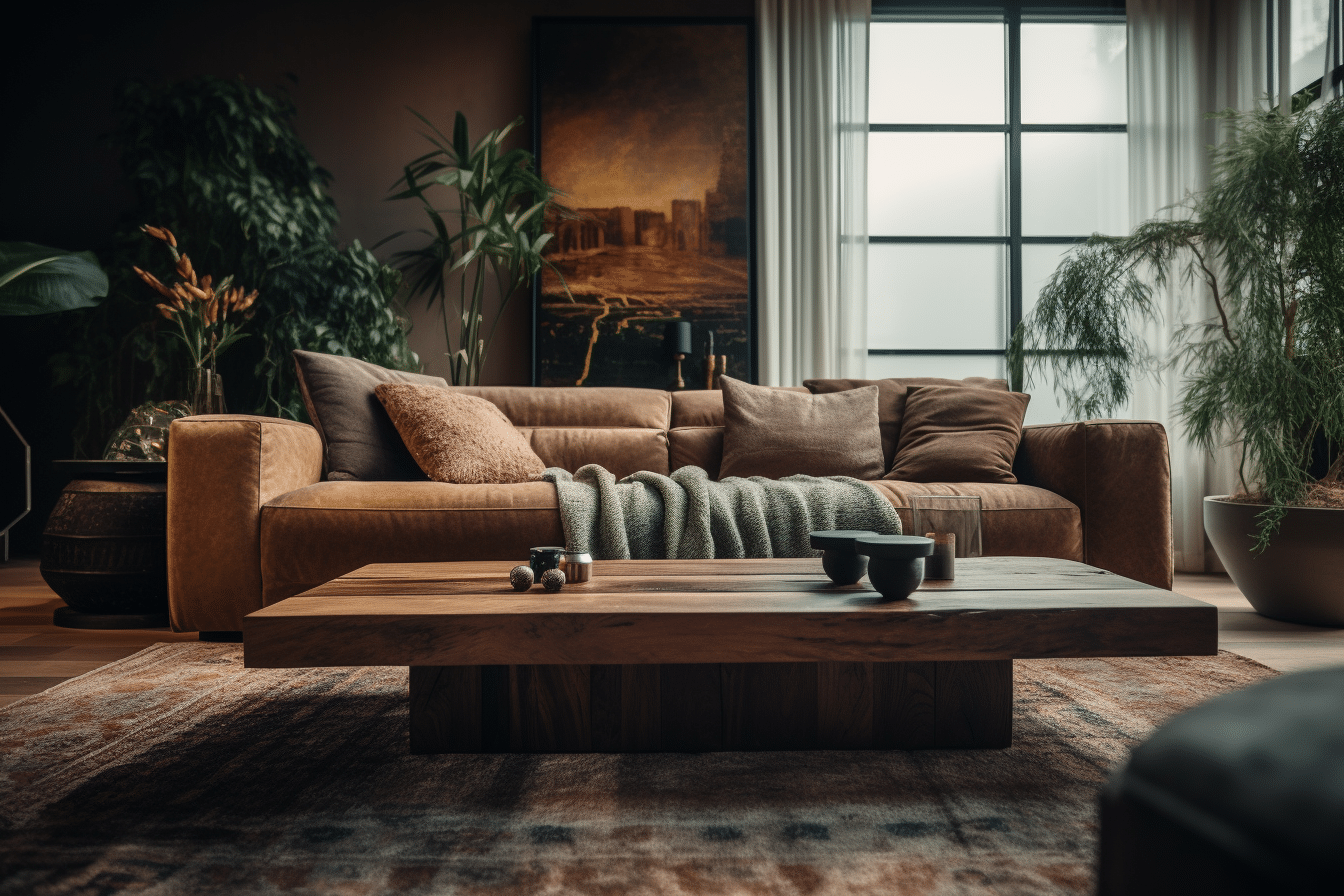A textured brown couch with velvet pillow adds depth and warmth to a living room using texture based staging ideas.