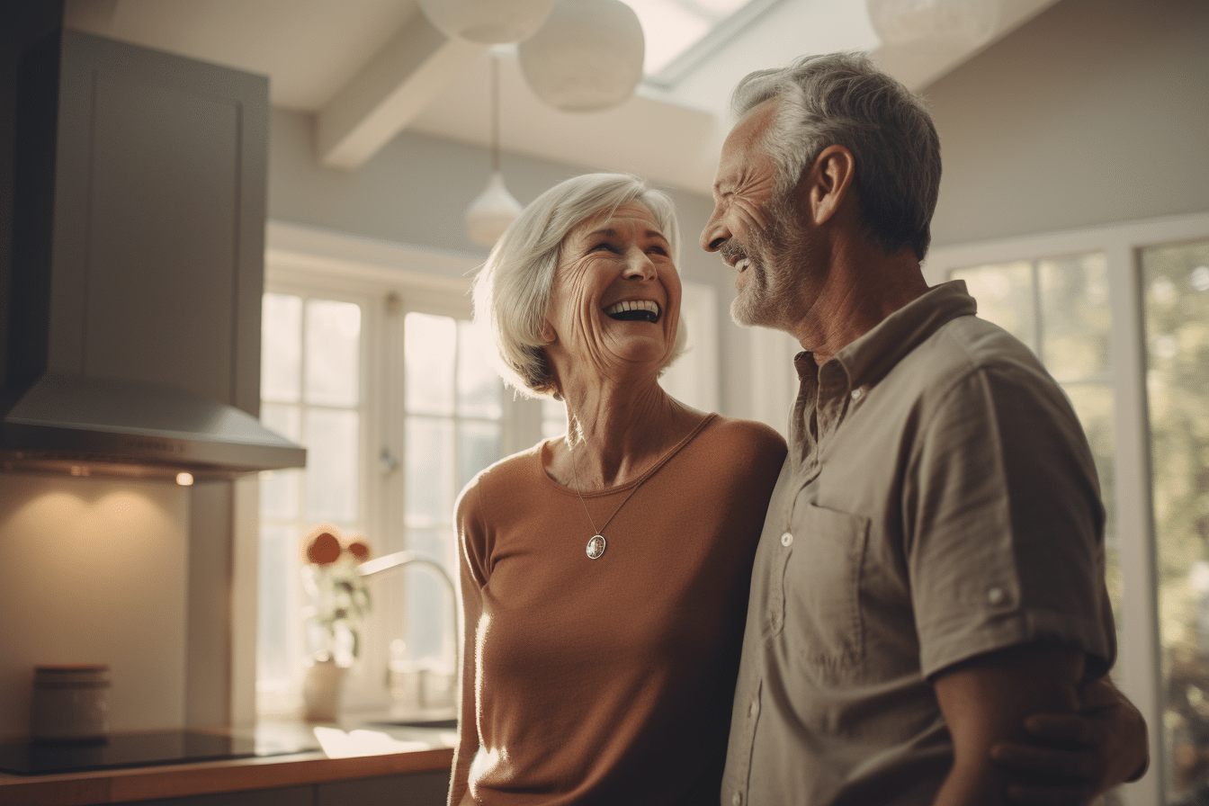 An retired couple enjoying light-hearted moments while learning tips on downsizing your home.