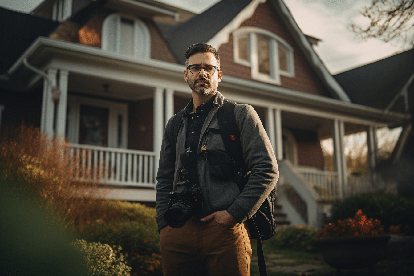 An appraiser with his camera begins the appraisal process in front of a house.