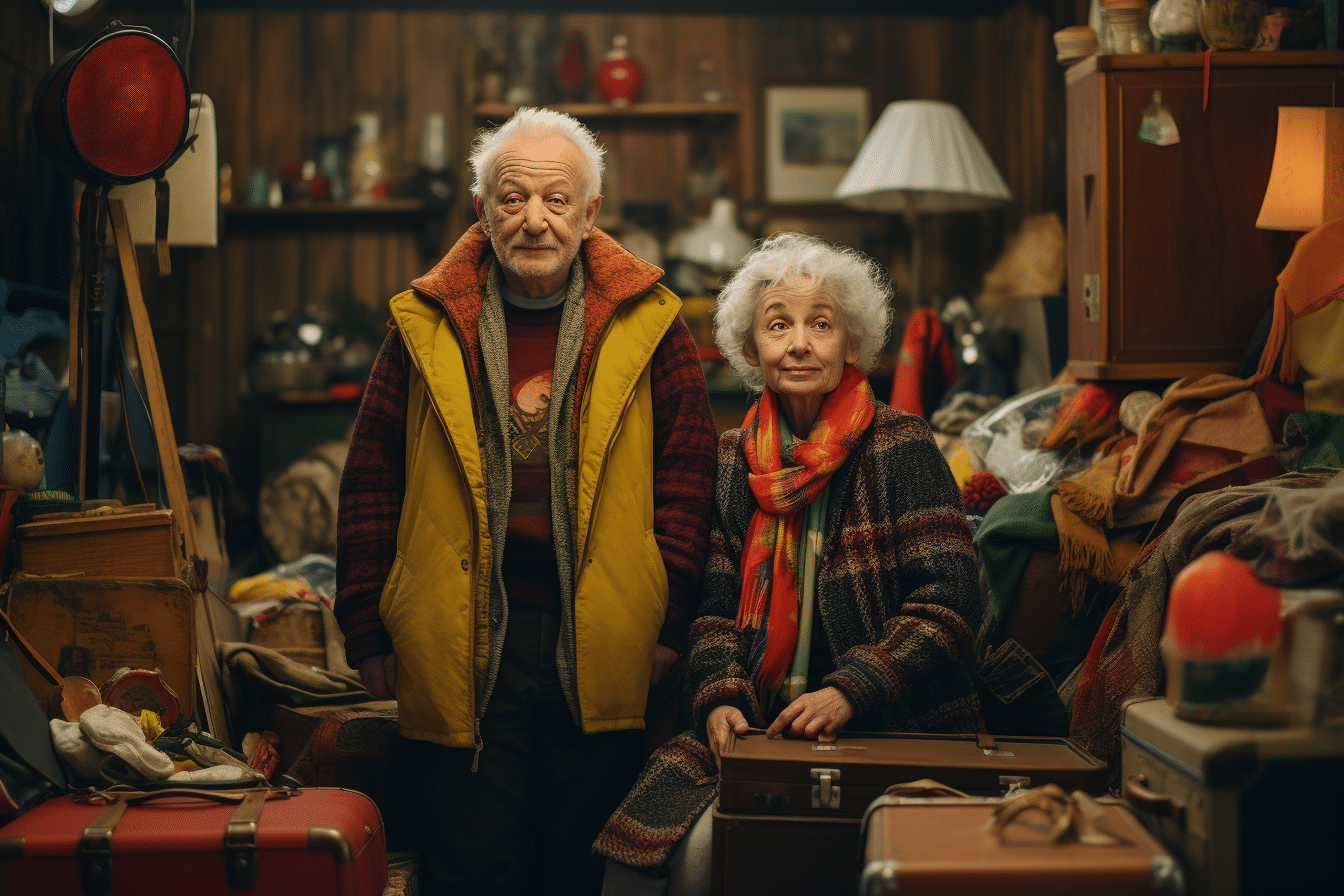 An elderly couple utilizing a downsizing checklist in their living room with their bags ready to be free and travel.