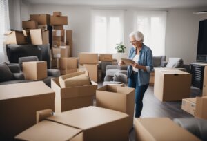 A woman in her living room packing and considering downsizing for seniors.