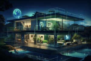 3d rendering of a futuristic house at night emphasizing energy efficiency and savings.