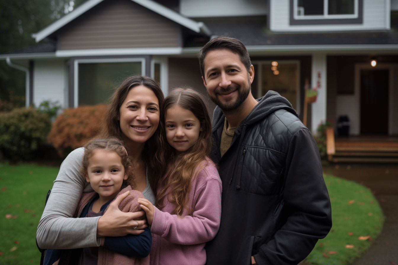 Using fixed rate mortgages, a happy family stands in front of their new home.