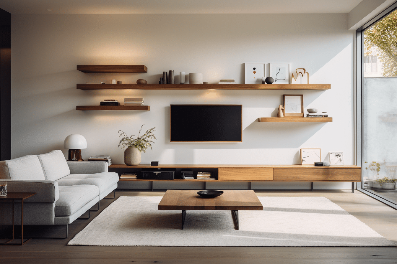 Modern living room with wooden shelves and a TV showcasing furniture arrangement ideas.