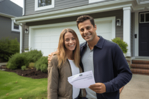 A couple getting pre-approved for a mortgage in front of their house.