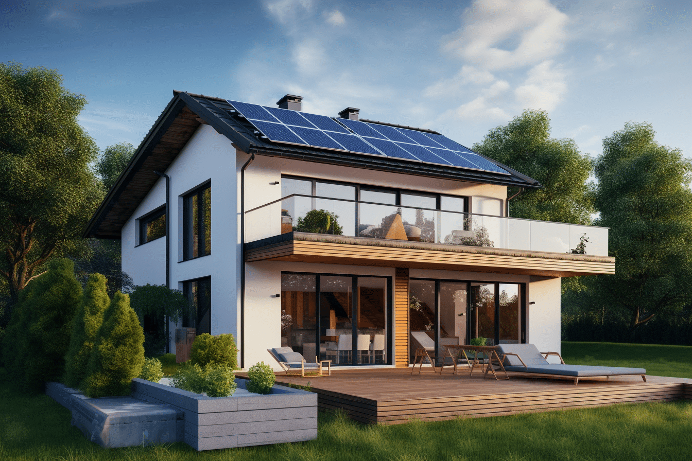 A green home with solar panels on the roof for green home marketing purposes.