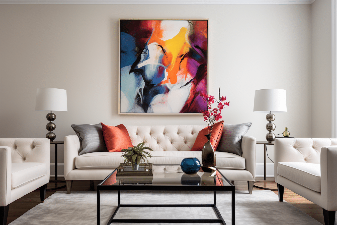 A colorful painting in a modern living room after hiring professional home stagers.