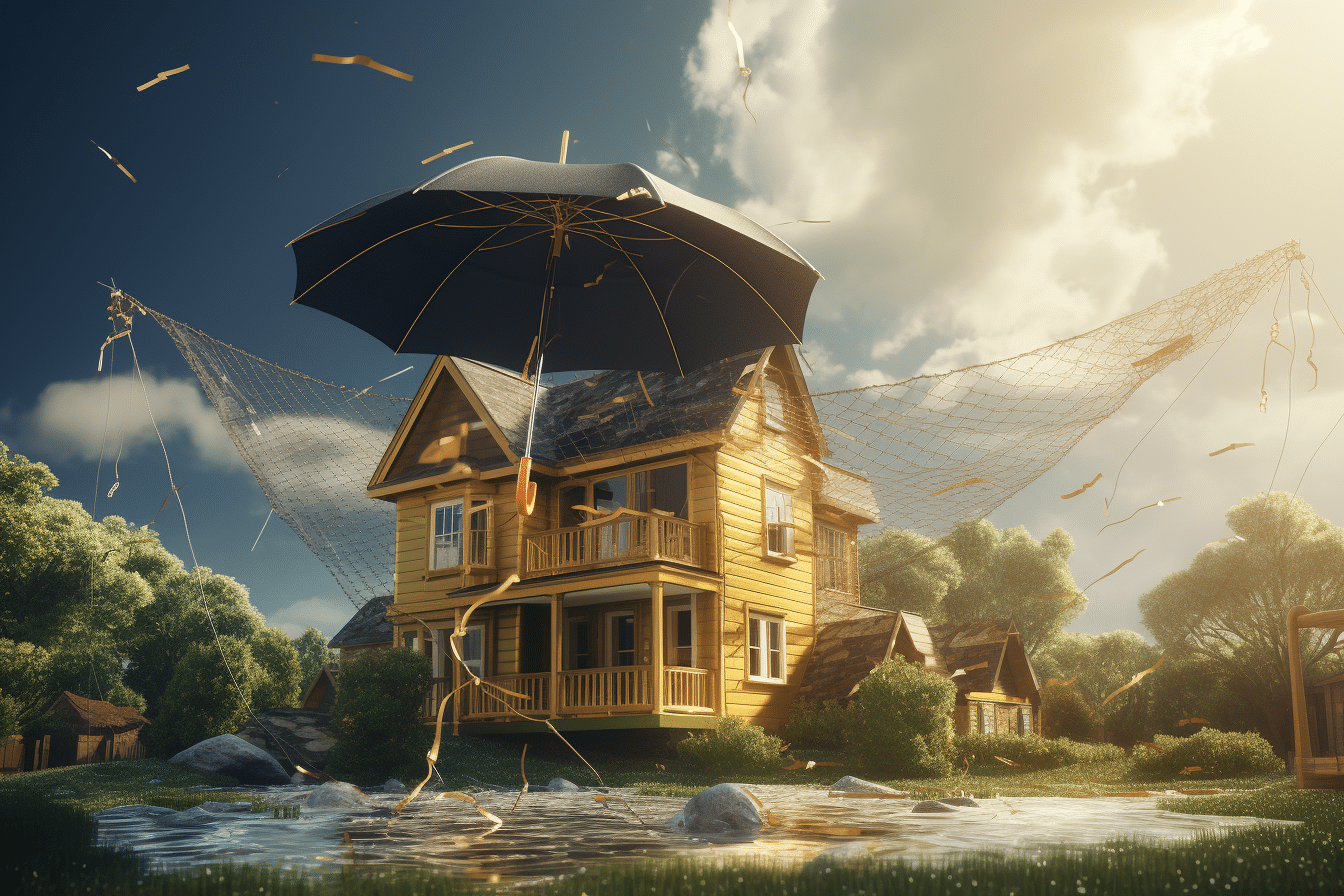 A floating home held up with a net symbolizing home insurance benefits.