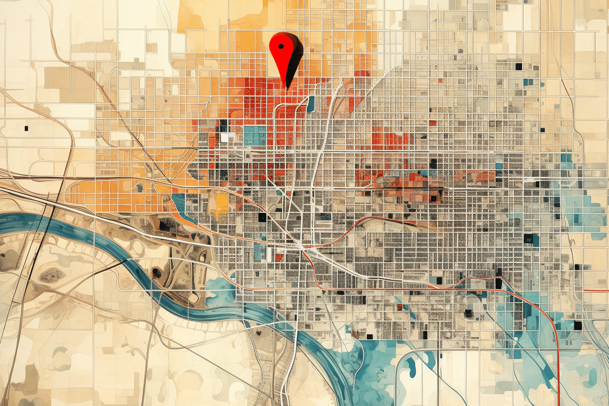 A map of a city with a red pin representing house hunting tips for location.