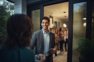 An agent greeting visitors to an open house. They are gaining an understanding of how do open houses work.