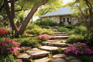 A stone path gracefully guides visitors to a charming house adorned with vibrant flowers - landscaping tips and tricks