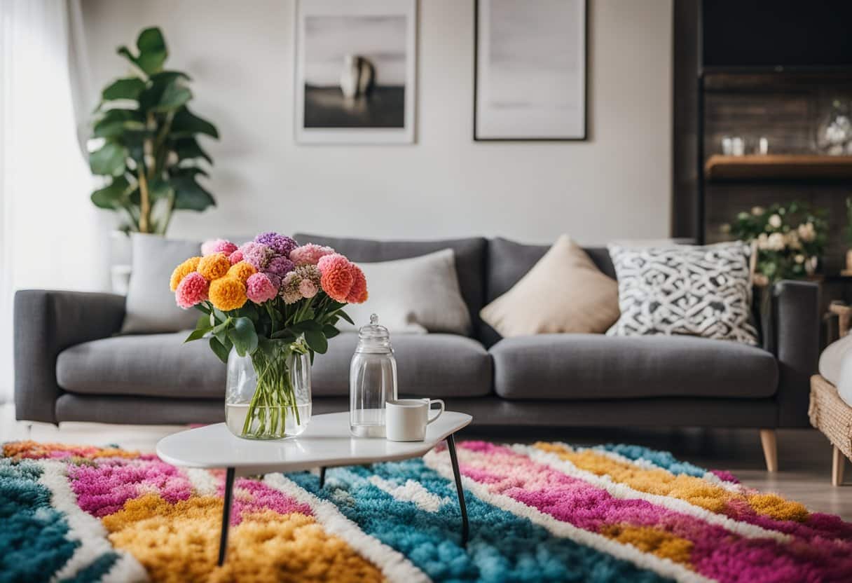 A stylish living room with colorful rugs and a vase of flowers demonstrates low-cost home staging tips.