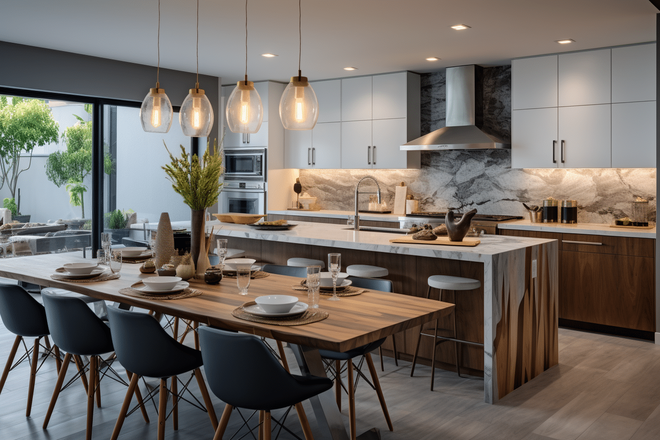 A modern kitchen with a dining table and chairs setup with an open house staging checklist.