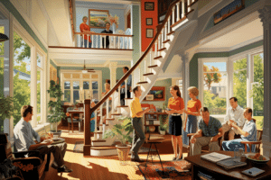A picturesque painting showcasing buyers visiting an open house in a living room considering the pros and cons of open houses