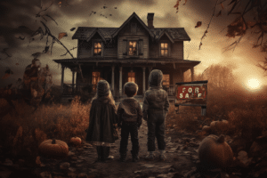 Trick-or-treaters standing in front of a scary house with a for sale sign. Time to talk about a safe Halloween.