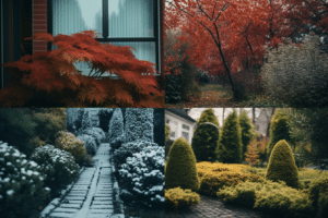 A collage of garden photos showing seasonal gardening tips.