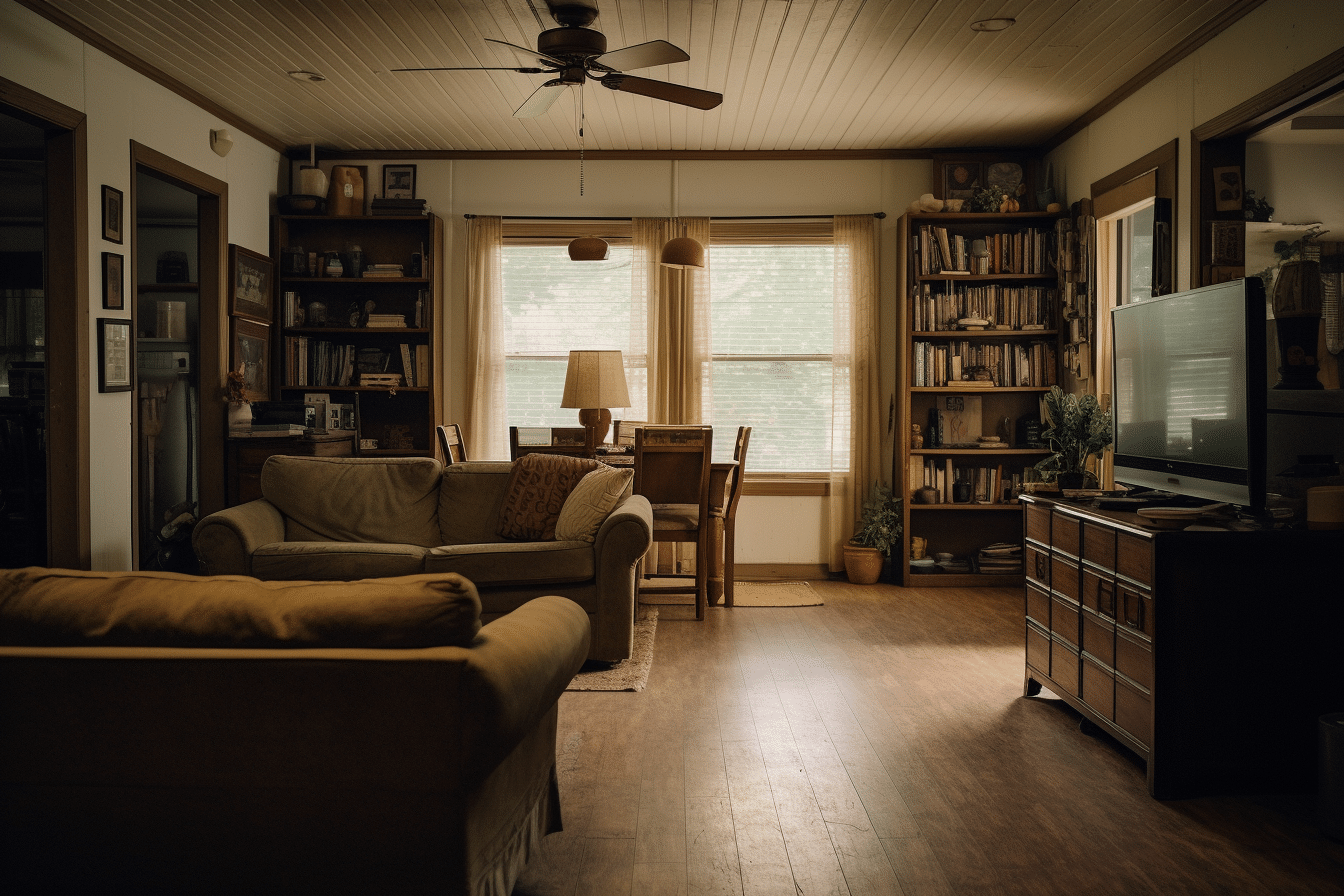 A living room with a couch and bookshelves is evaluated when selling rental property.