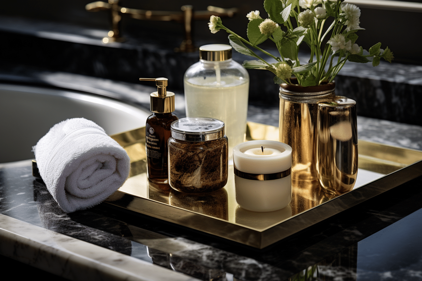 Staging accessories featuring a gold tray adorned with candles and flowers in a bathroom.
