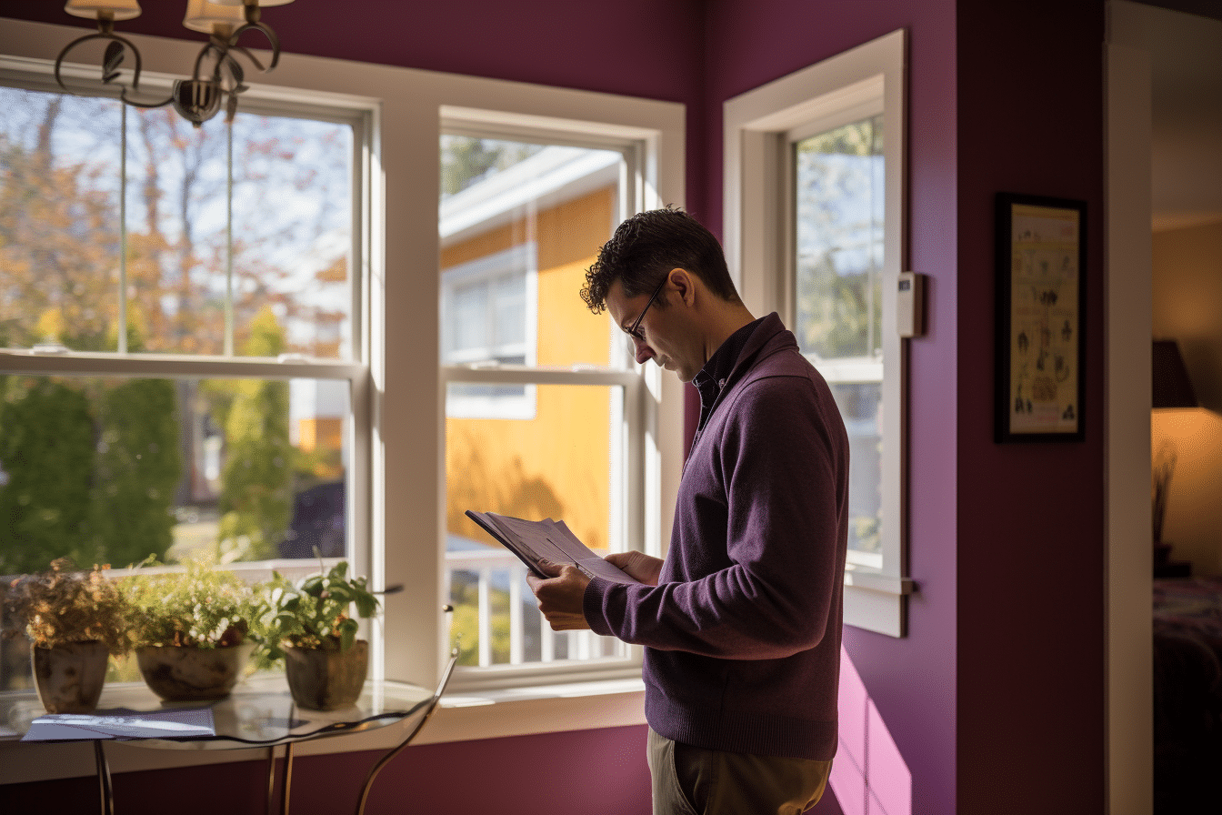 A man using a tablet to research steps to buying a house for the first time in front of a window.