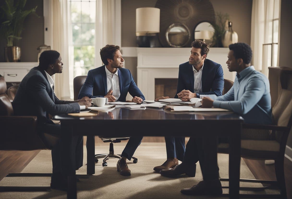 Four businessmen sitting around a table in a conference room discussing buying short sales and foreclosures.