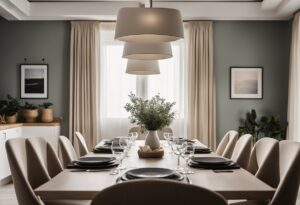 A dining room with beige walls and beige chairs, perfect for DIY staging tips for dining rooms.
