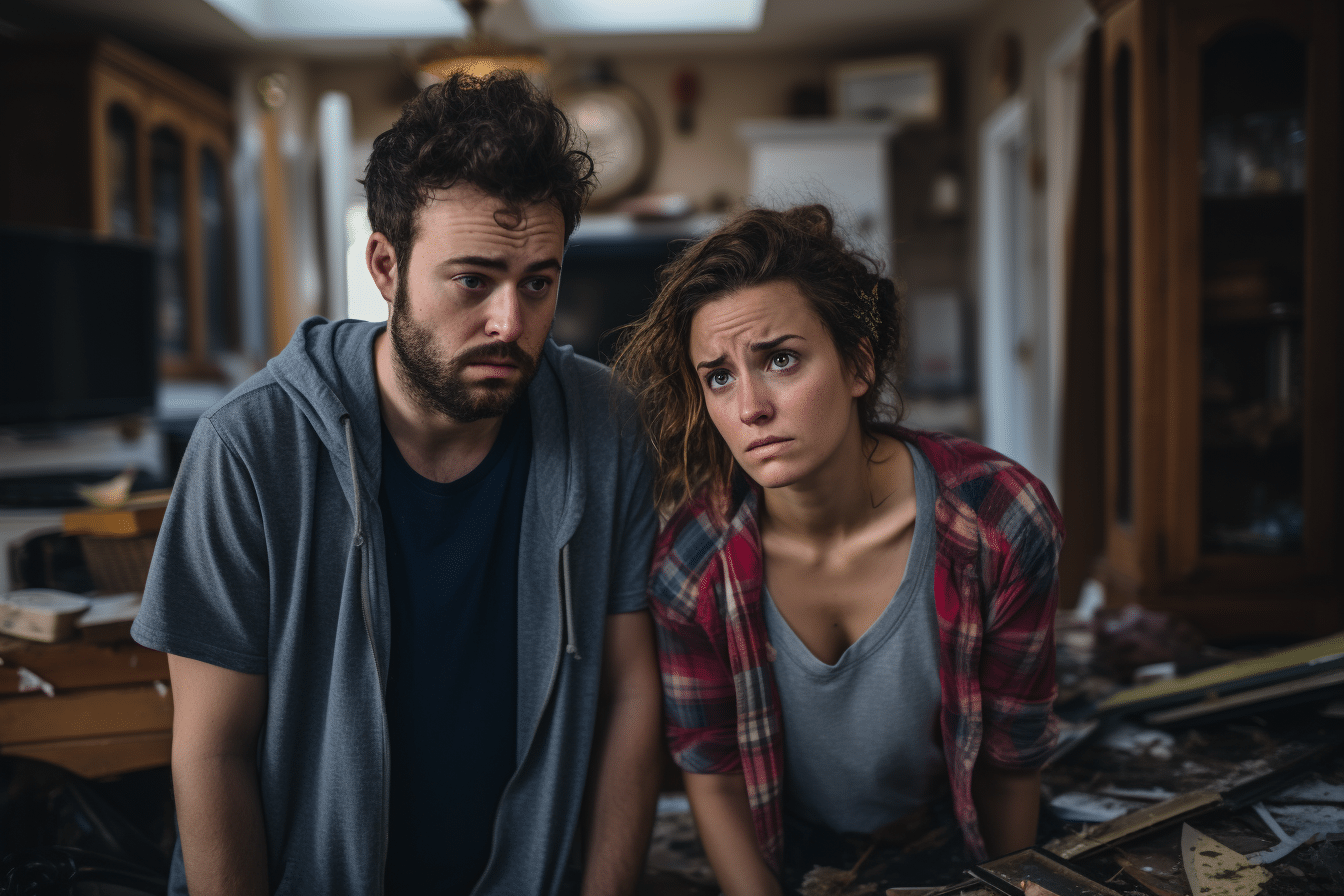 A frazzled couple seeking house hunting strategies exchanging glances amidst a cluttered living space.