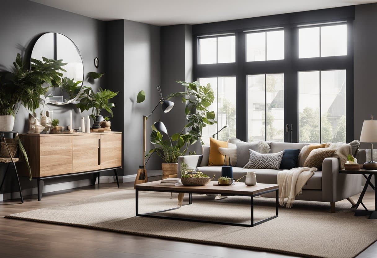 A modern living room with grey walls and plants, perfect for living room staging.