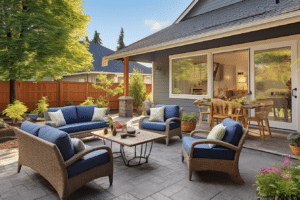 Outdoor staging for open houses featuring a patio with wicker furniture.
