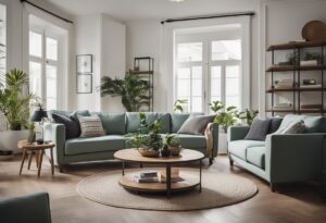 A living room with blue couches and a coffee table, preparing home for sale.