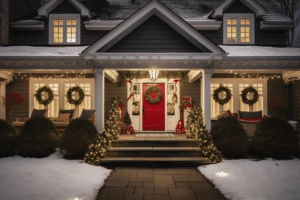 Selling your house during the holidays can be made more inviting with a front porch adorned in festive Christmas decorations and a striking red door.