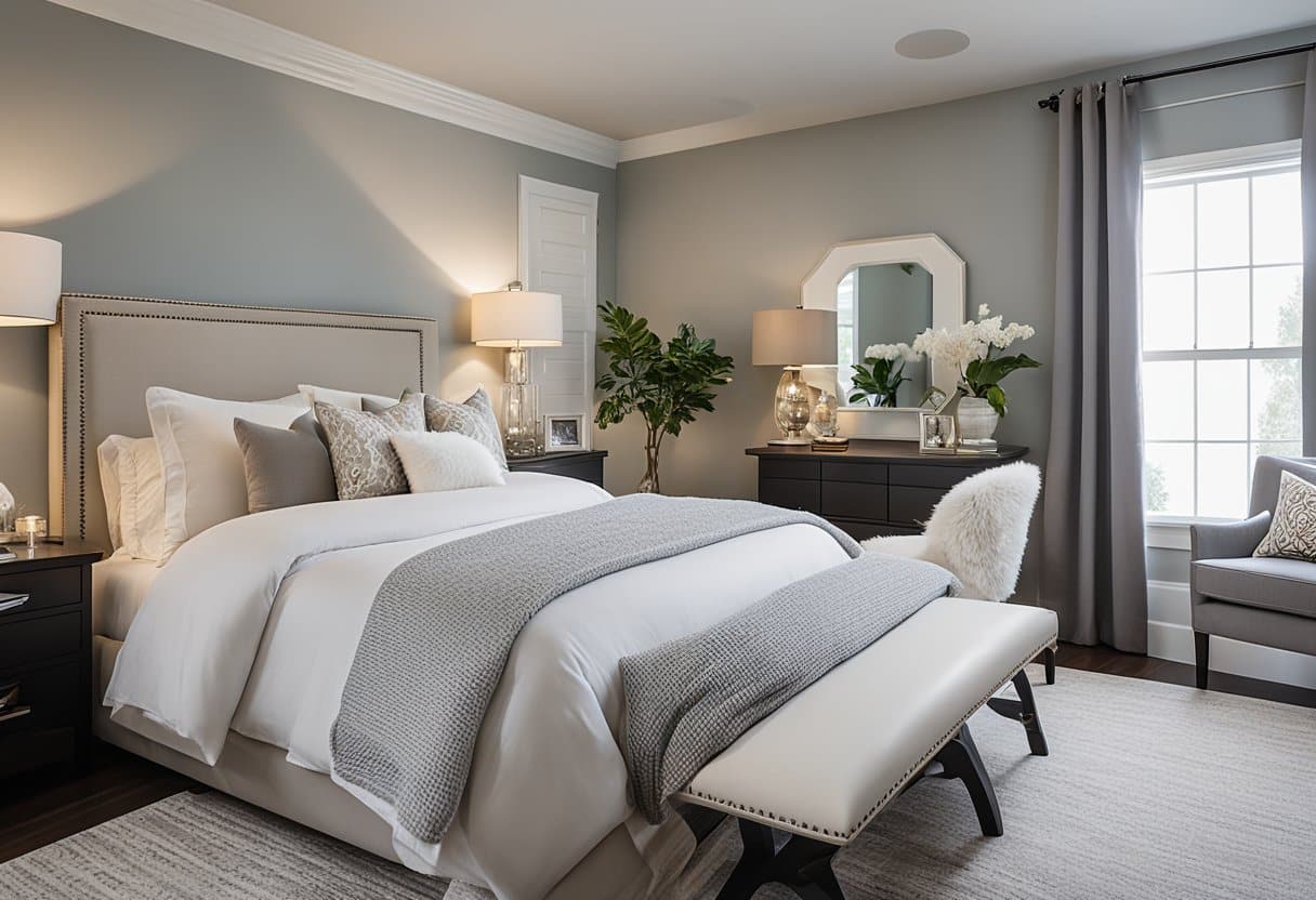 A bedroom with gray walls and white furniture is part of staging bedrooms for open houses.