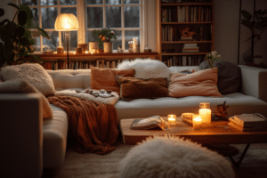 A white couch in a living room with textured accents in home staging.